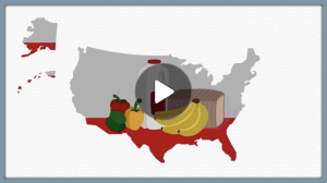 Screenshot with a play button showing an illustrated map of the U.S. overlaid with pictures of food.