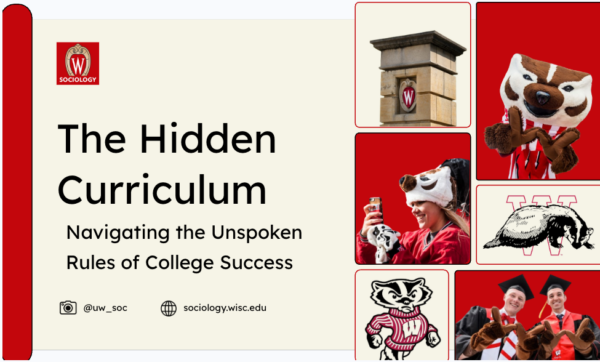 A slide from the Hidden Curriculum project. The Hidden Curriculum - Navigating the Unspoken Rules of College Success. A photo and illustrations of Bucky Badger, a photo of a building with the university crest, and photos of UW students.